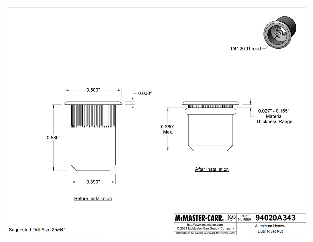 Technical Drawing of Aluminum Rivet Nut, 1/4"-20 Internal Thread, .027"-.165" Material Thickness.